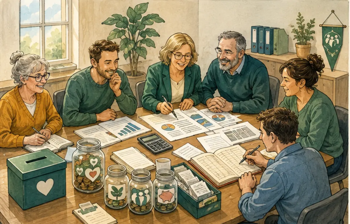 Detailreicher Business-Cartoon zu Finanzen & Buchhaltung für Vereinsvorstände
