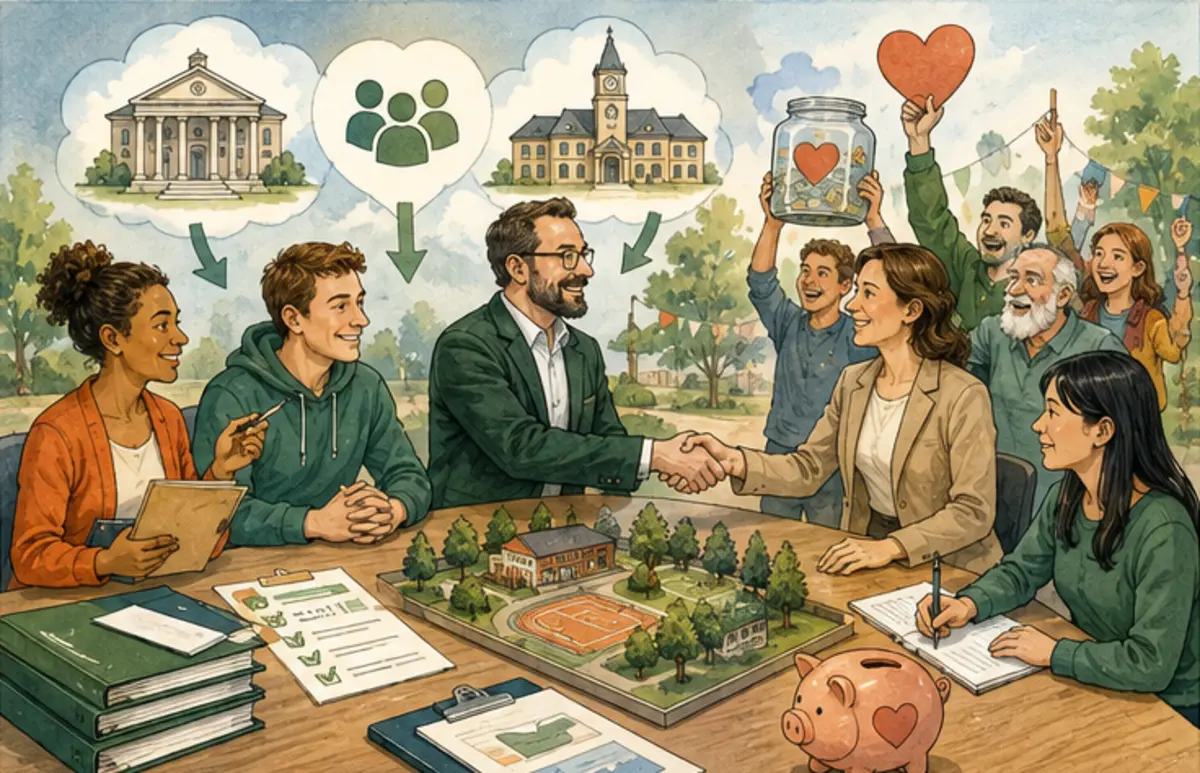 Detailreicher Business-Cartoon zu Fördermittel, Spenden & Sponsoring für Vereinsvorstände